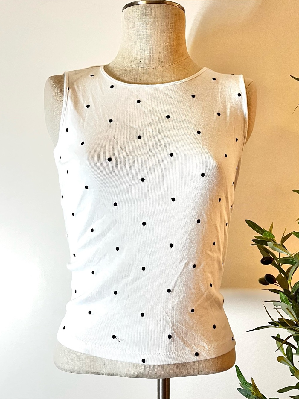 Vintage 100% Pima Cotton White w Black embroidered Polka Dot Tank Top